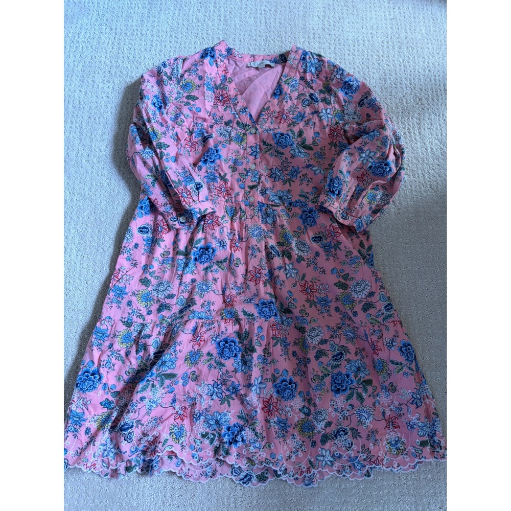 LOFT Pink Floral Tiered Mini Dress Cotton Scallop Eyelet Hem Size 10 Womens